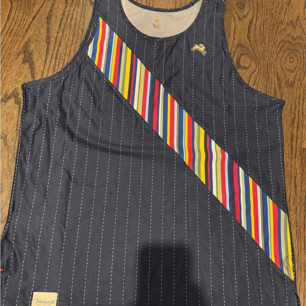 Tracksmith Navy Tank Top with Multicolor Stripes - M